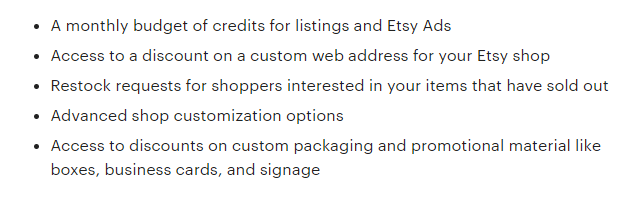 Подписка на Etsy Plus стоит 10 долларов в месяц и предоставляет продавцам следующие возможности и льготы